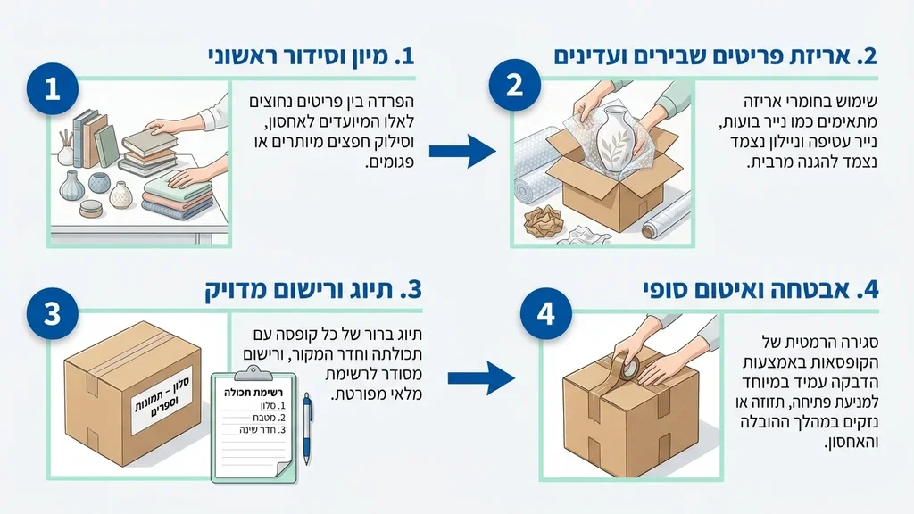 נוצר על ידי מודל בינה מלאכותית Gemini Pro אריזה בטוחה של חפצים לקראת העברה למתחם אחסנה